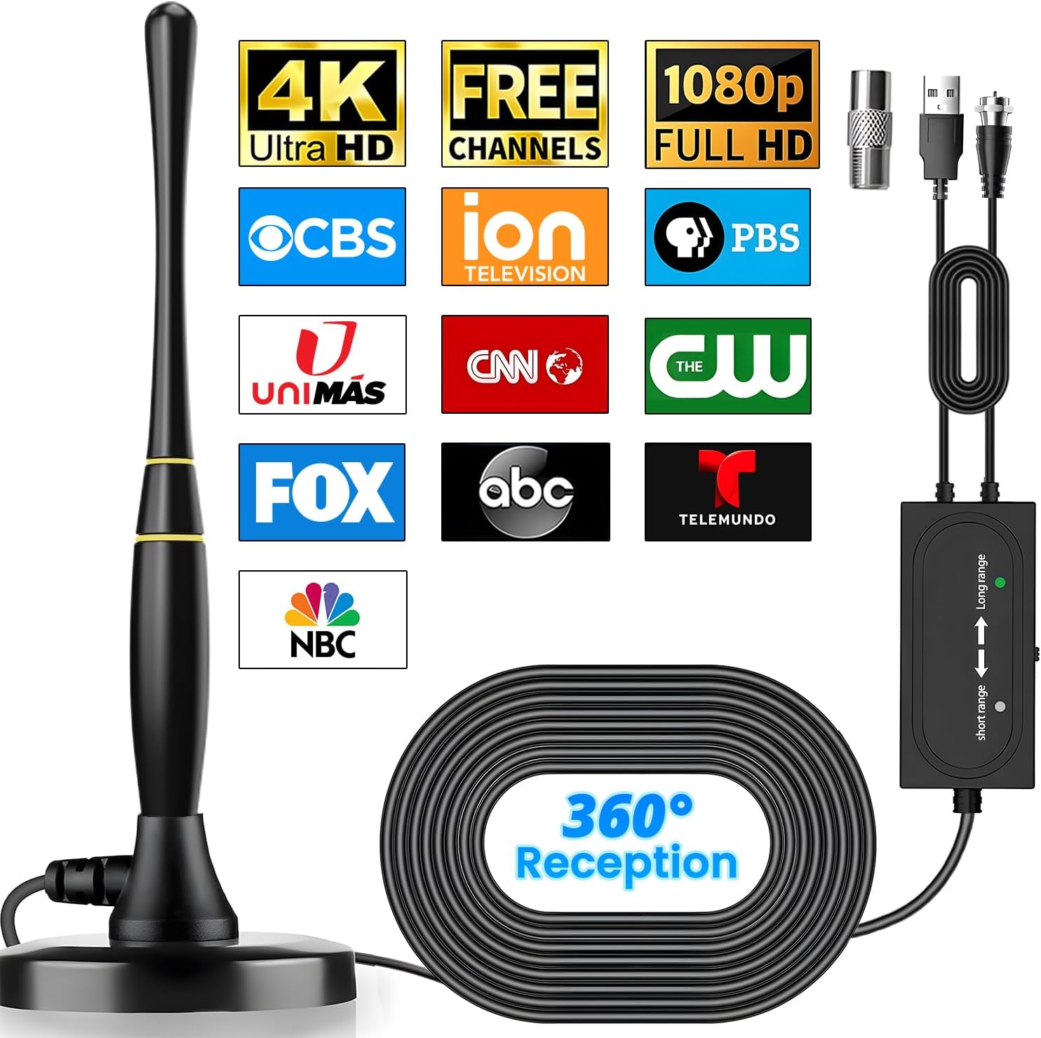 TV Antenna Indoor,Vassink Antenna for Smart TV 1080P 4K 8K HDTV Free for 380 Miles Long Range All Local TV Channels, Support VHF/UHF Outdoor Signal Reception with 16.5FT Coax Cable Easy Setup