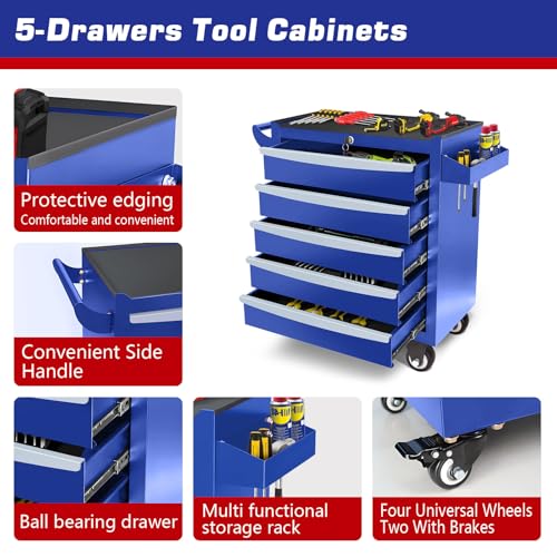 Rolling Tool Chest, Metal Tool Box with 5 Drawers, Lockable Garage Storage Cabinet Q978