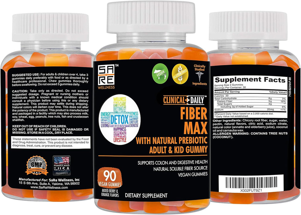 Fiber Max Vegan High Fiber Gummies for Adults & Kids, Prebiotic Inulin, 90 Count P222371