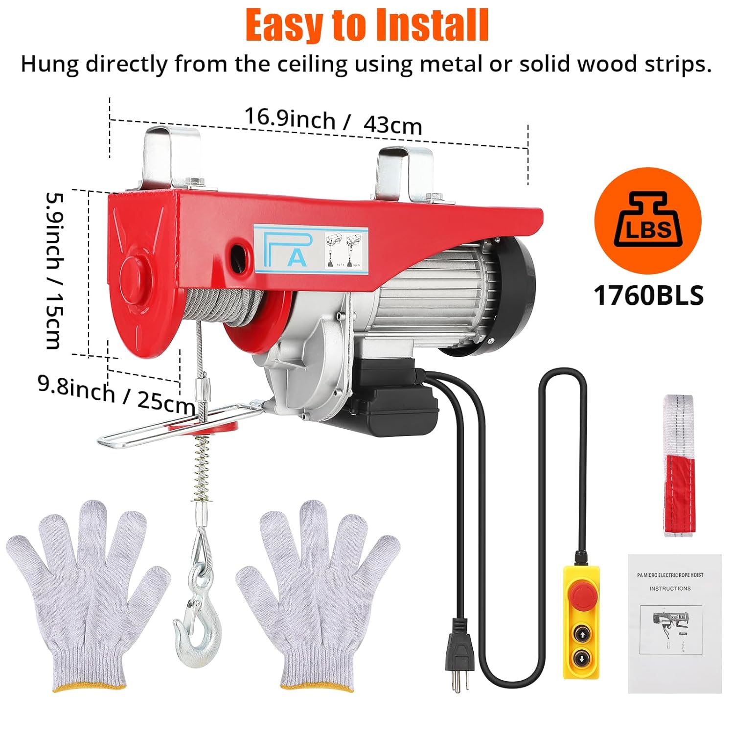 TROPOW Electric Hoist 1760lbs 39FT Single Cable, Steel Wire Winch X8099