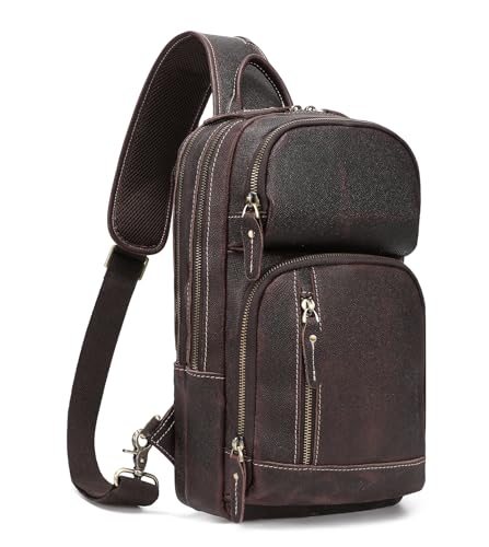 LANNSYNE Full Grain Leather Sling Bag For Men Crossbody Chest Daypack fits 10.5" iPad