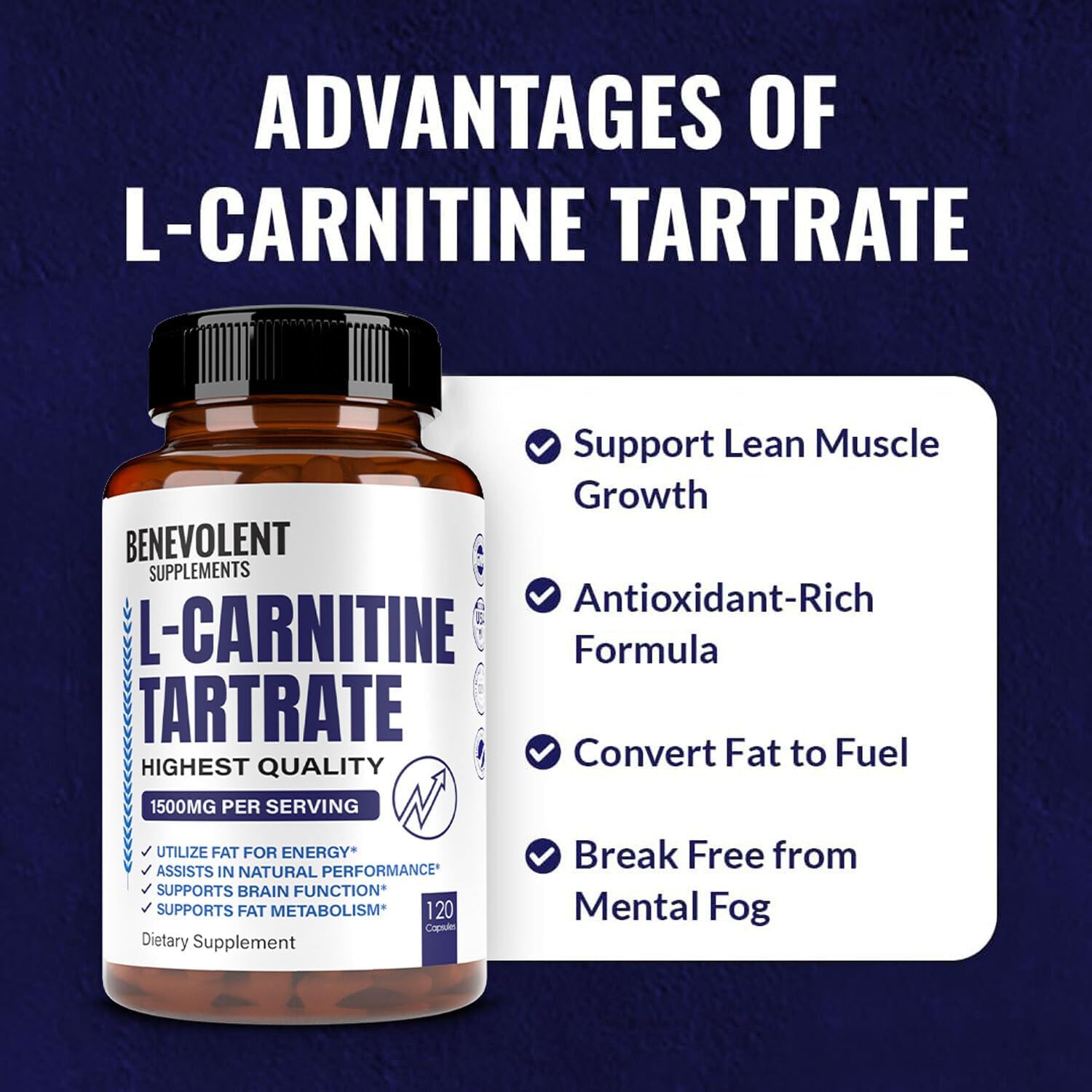 L-Carnitine Tartrate Supplement 1500mg, 120 Non-GMO Capsules D290145