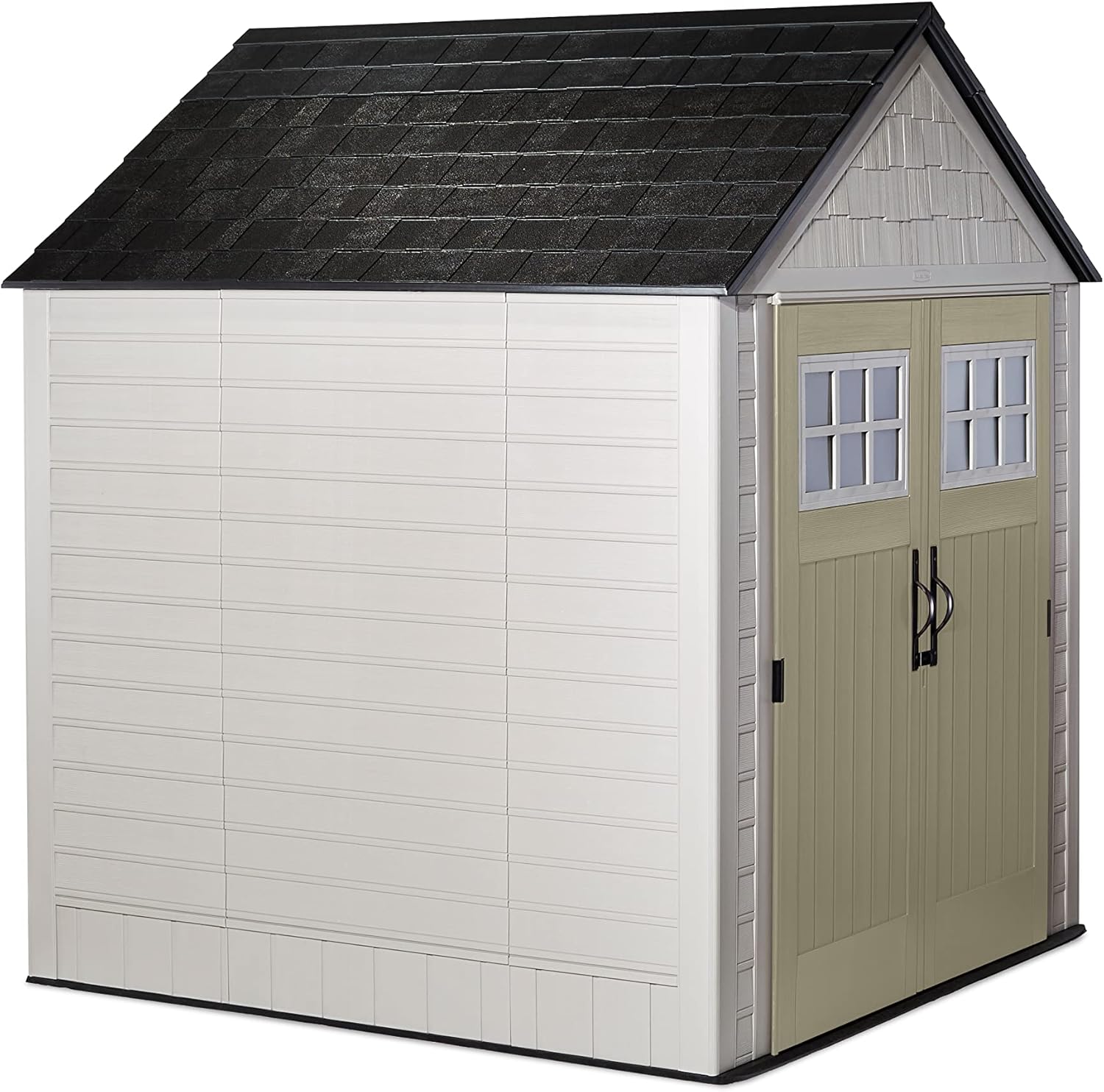Rubbermaid Resin Outdoor Storage Shed with Floor, 7 x 7 Ft, Beige/Brown Q789479