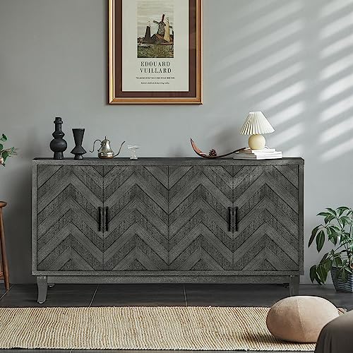Vintage Sideboard Cabinet with 4 Doors, Adjustable Shelves, Taupe Grey U86706