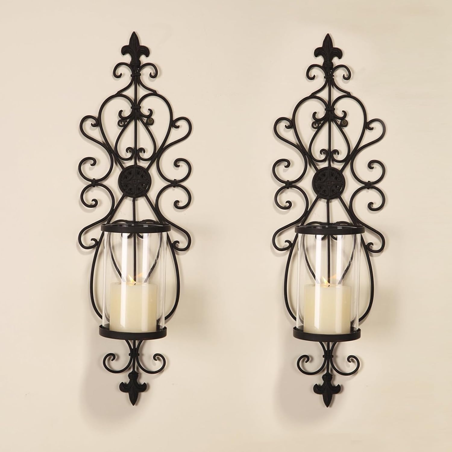Iron and Glass Candle Wall Sconces, 24" H Wall Candle Holders Decorative Set of 2, Antique Dark Brown
