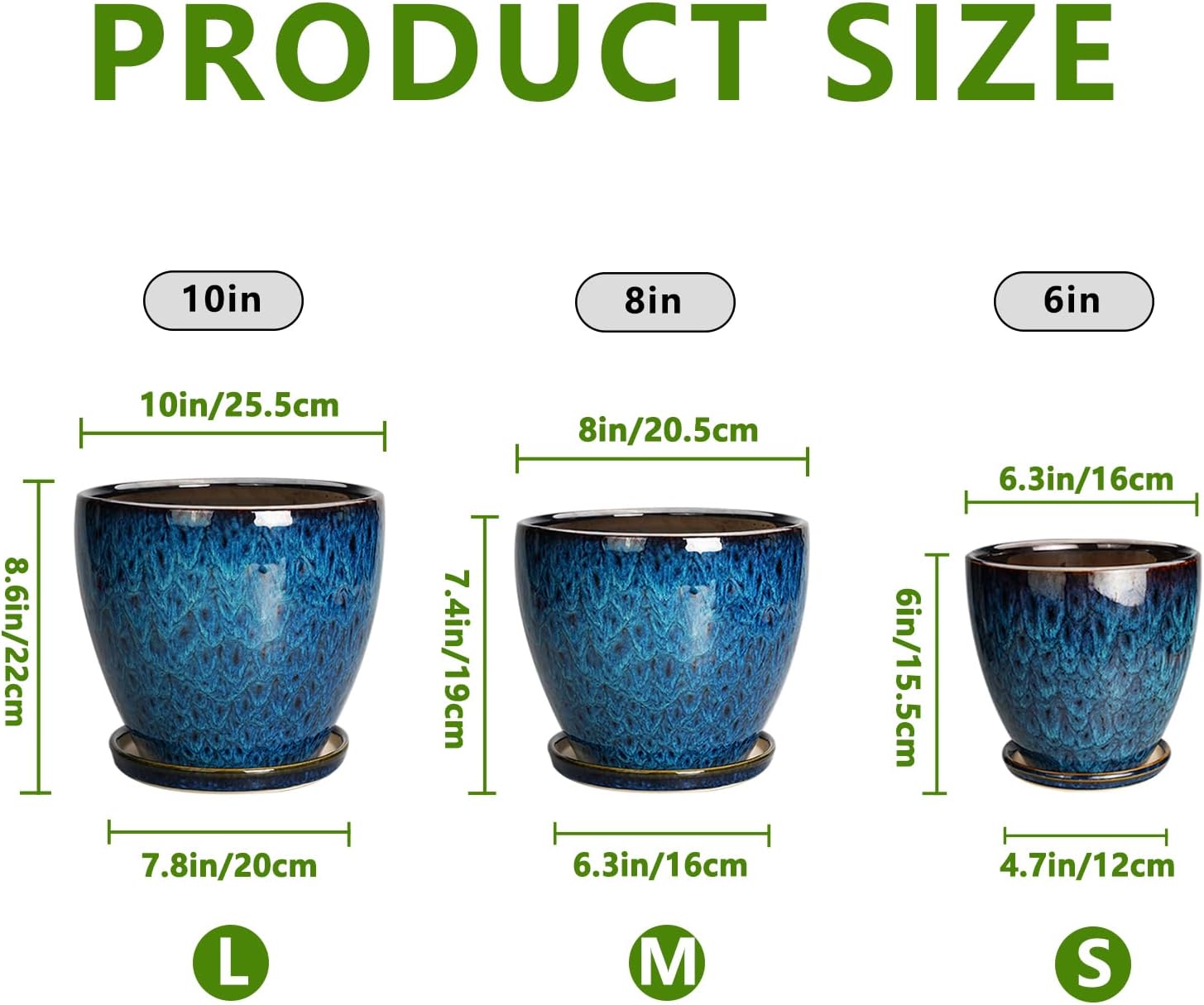 Ceramic Plant Pots with Drainage Holes and Saucers, Set of 3, Blue C79869