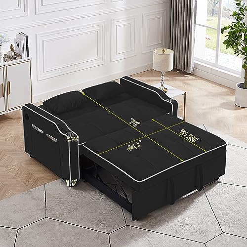 3 in 1 Convertible Sleeper Sofa Chair Bed with Adjustable Backrest, USB Ports, Cup Holder, Black L77626