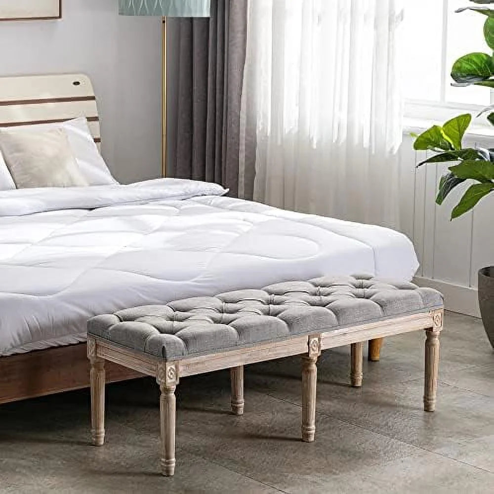 Grey Fabric Entryway Bench with Button Tufted Seat and Wood Legs G1644