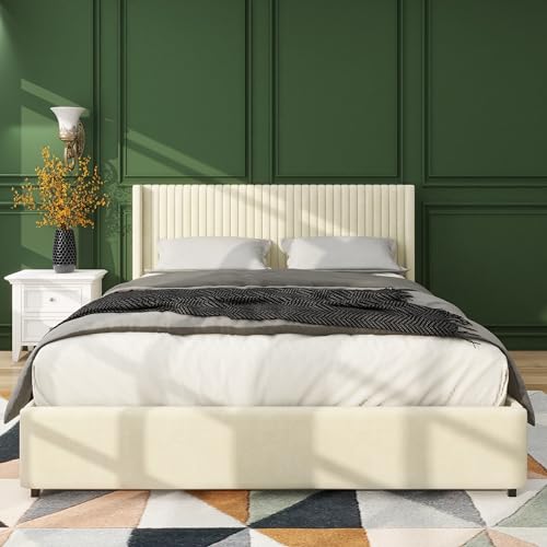 Queen Size Linen Upholstered Platform Bed Frame with Storage Drawers and Wingback Headboard, Grey W473