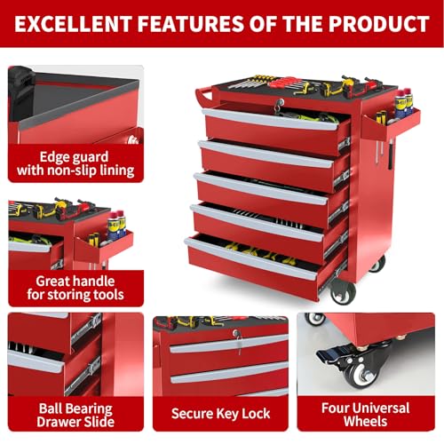 Rolling Tool Chest, Metal Tool Box with 5 Drawers, Lockable Garage Storage Cabinet Q978