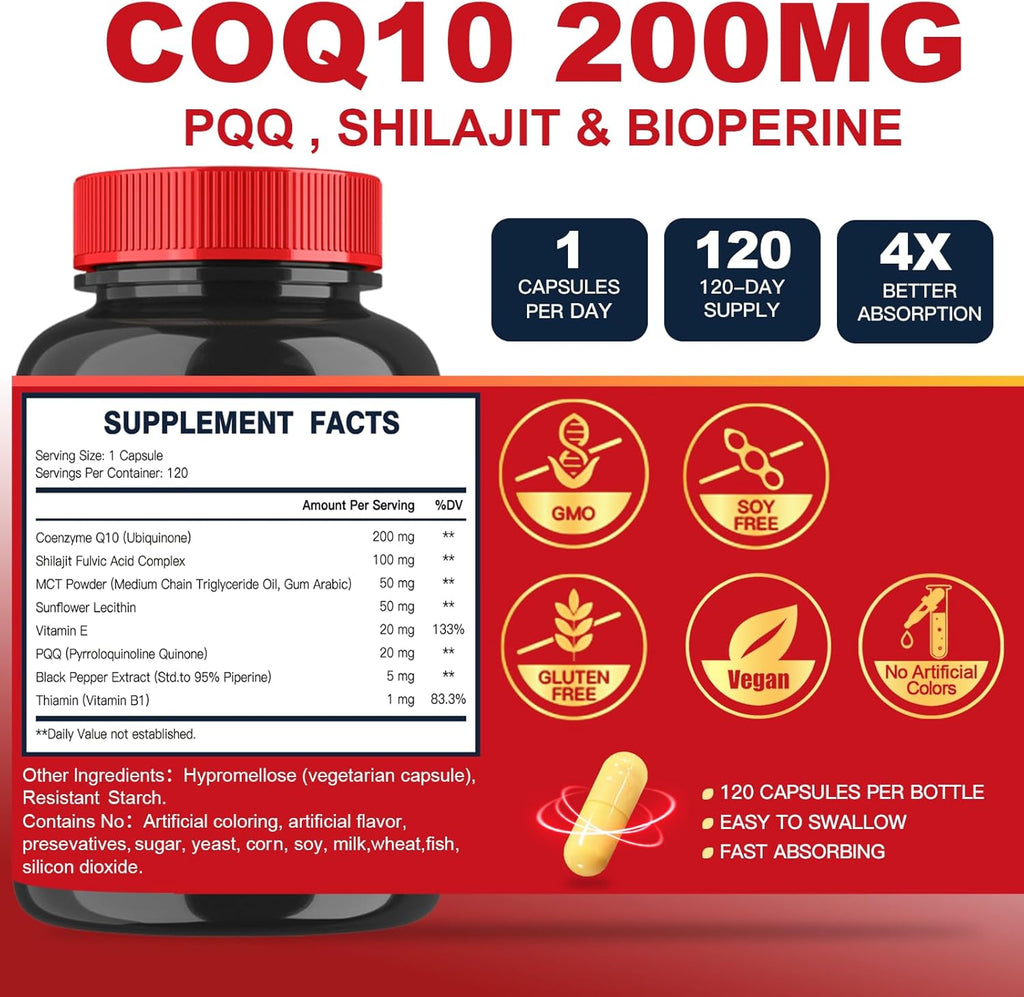CoQ10 200mg with PQQ & Shilajit - 120 Veggie Capsules H886