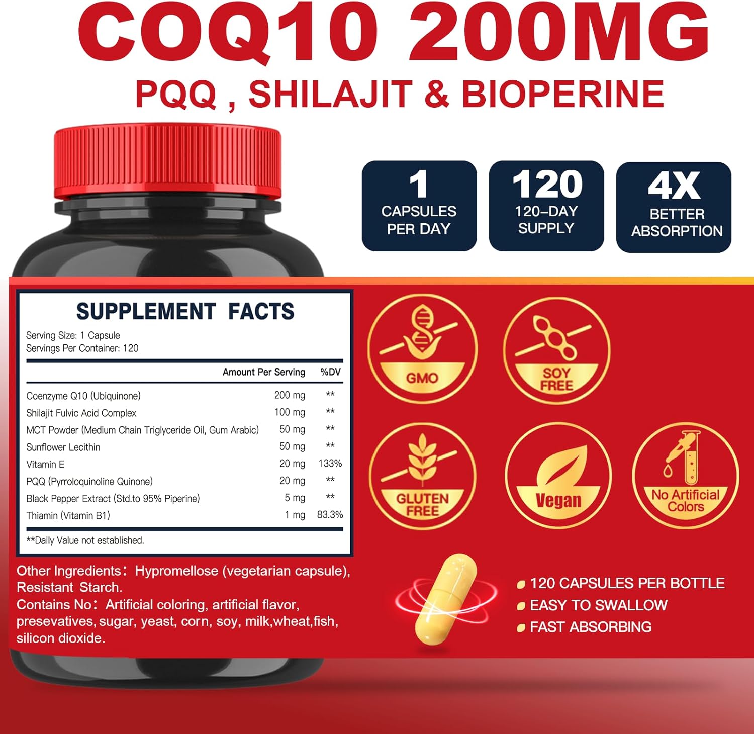 CoQ10 200mg with PQQ & Shilajit - 120 Veggie Capsules H886