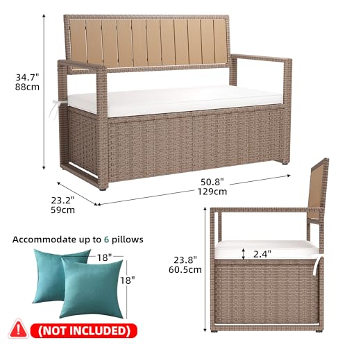 YITAHOME 90 Gallon Outdoor Wicker Storage Bench with Cushion, Black & Beige K940826
