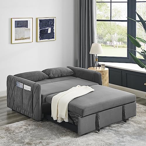 55" Modern Convertible Sofa Bed Velvet Loveseat with 2 Pillows L9348