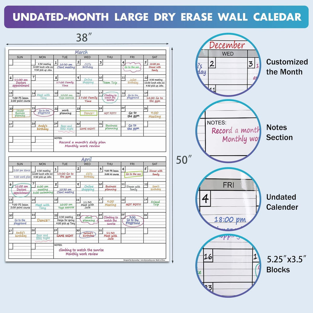 Dry Erase Two Month Laminated Wall Calendar 38" x 50" D611350