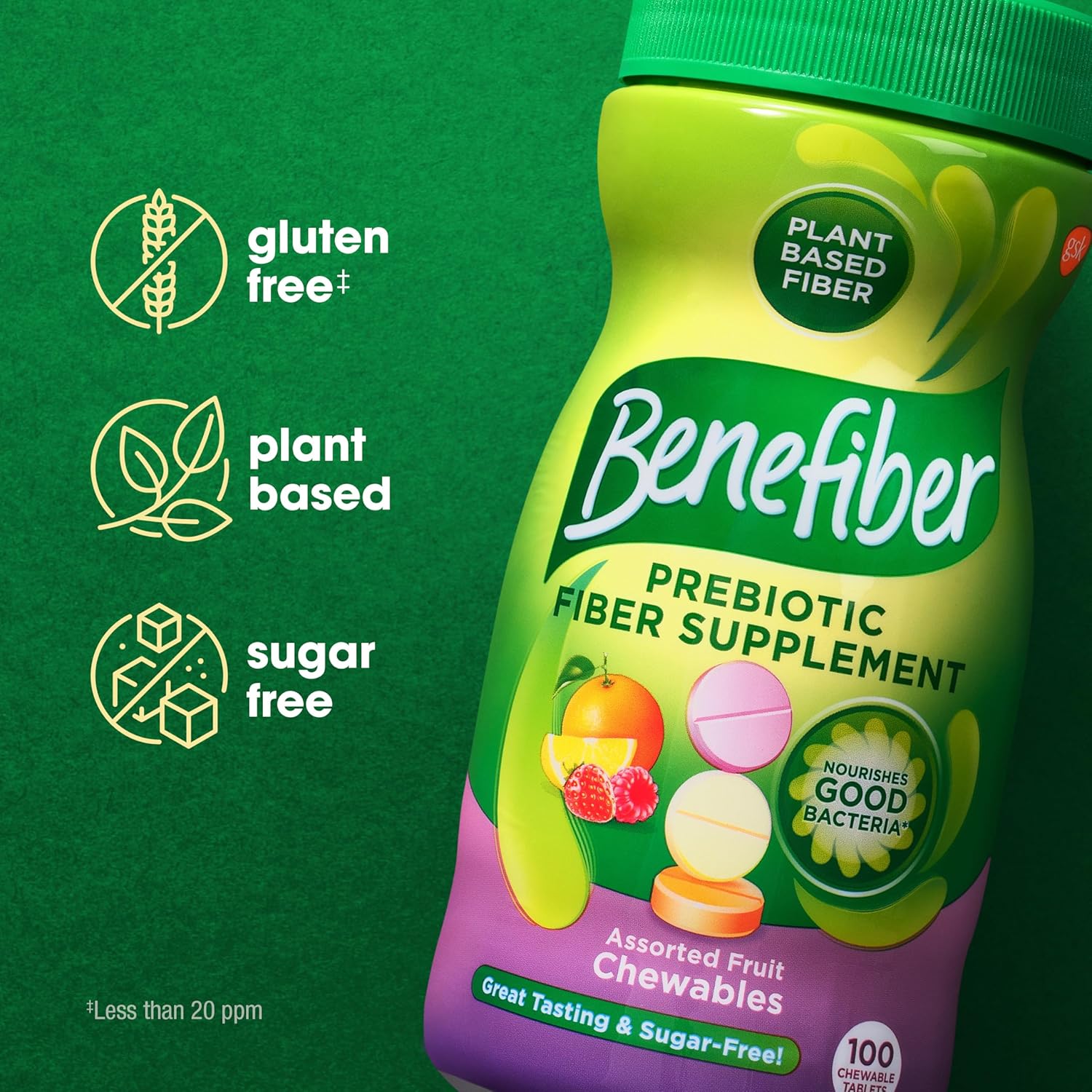 Benefiber Chewable Prebiotic Fiber Supplement Tablets, Assorted Fruit, 100 Count T791247