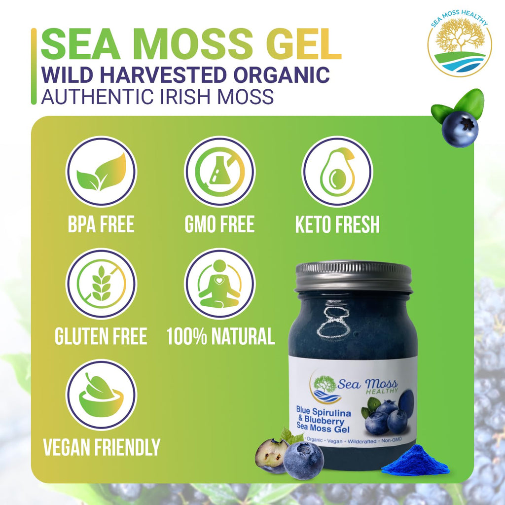 Sea Moss Gel Wild Harvested Non-GMO Vegan Blue Spirulina Blueberry 16 oz B850219