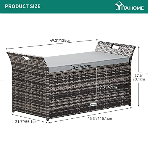 YITAHOME 90 Gallon Outdoor Wicker Storage Bench with Cushion, Black & Beige K940826
