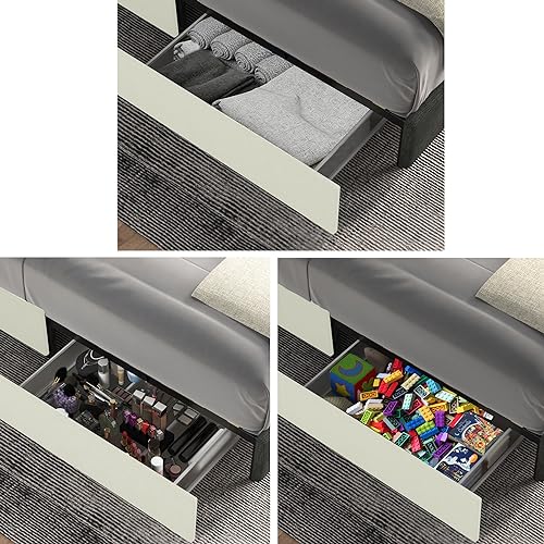 Queen Size Linen Upholstered Platform Bed Frame with Storage Drawers and Wingback Headboard, Grey W473