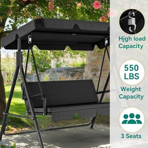 YITAHOME Outdoor Patio Swing Chair 3 Person with Adjustable Canopy, Black P266