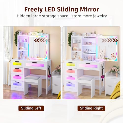 White Vanity Desk with Mirror and Lights, Charging Station, Stool D623487