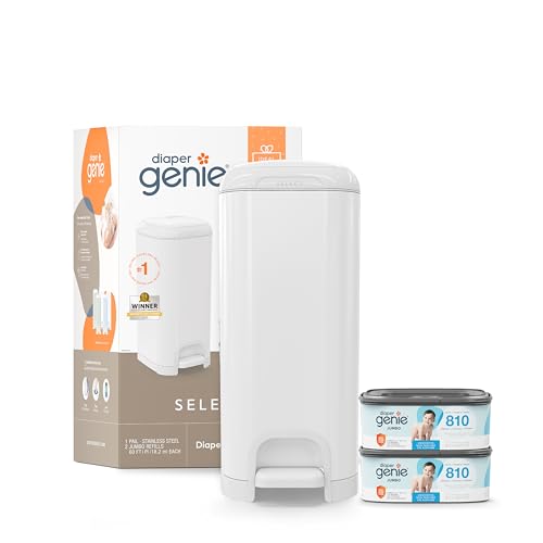 Diaper Genie Select Pail is made of durable stainless steel and includes 1 starter square refill That can hold up to 165 newborn-sized diapers.