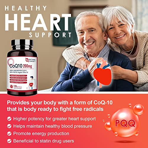 NATURE TARGET CoQ10 200mg Softgels with PQQ and Organic Olive Oil, 120 Servings G633