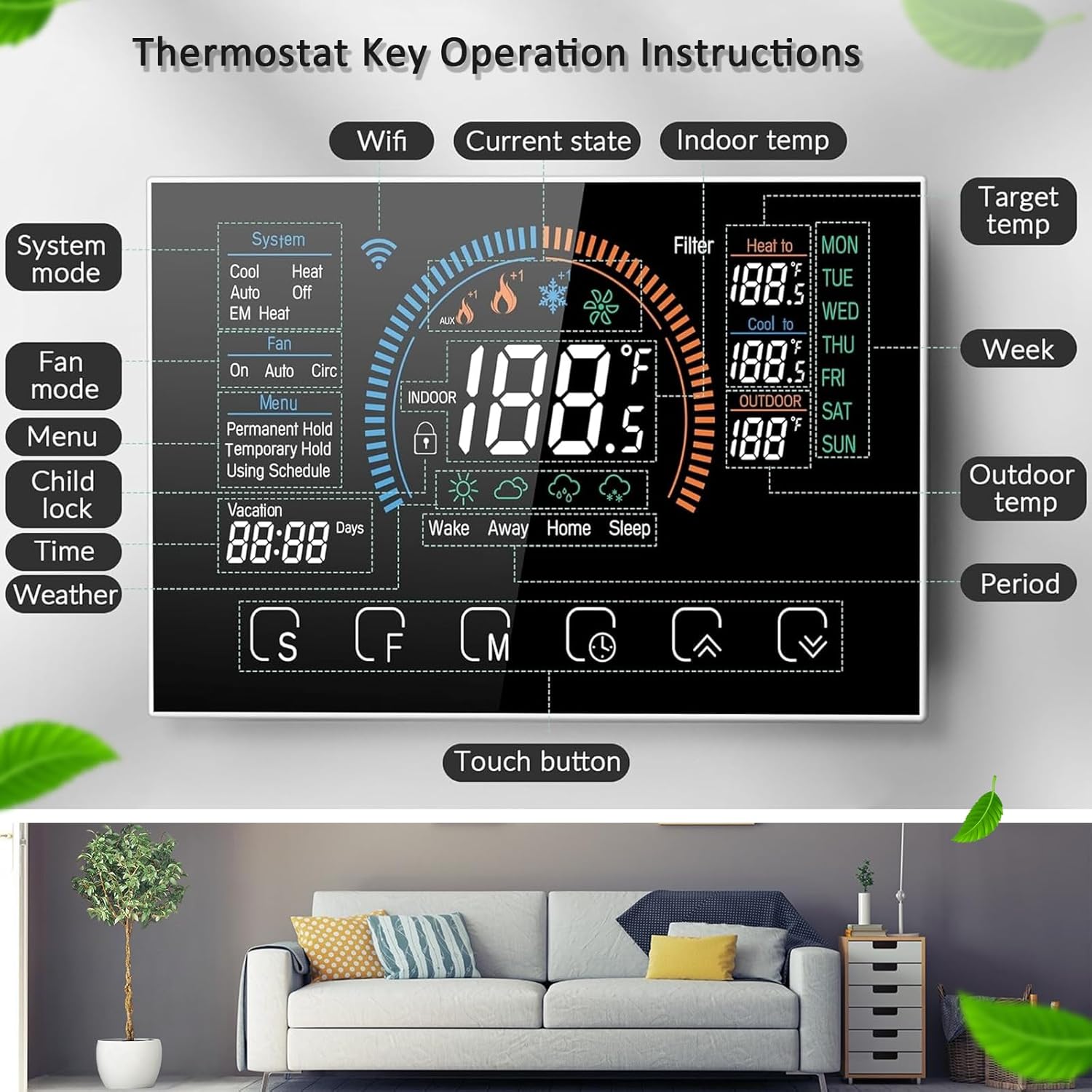 Smart Thermostat with App, WiFi, C-Wire Adapter Included, LCD Color Screen Q853