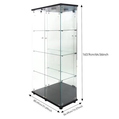 DADEA Glass Display Cabinet with Light and Lock, 4 Shelves, Black L18556
