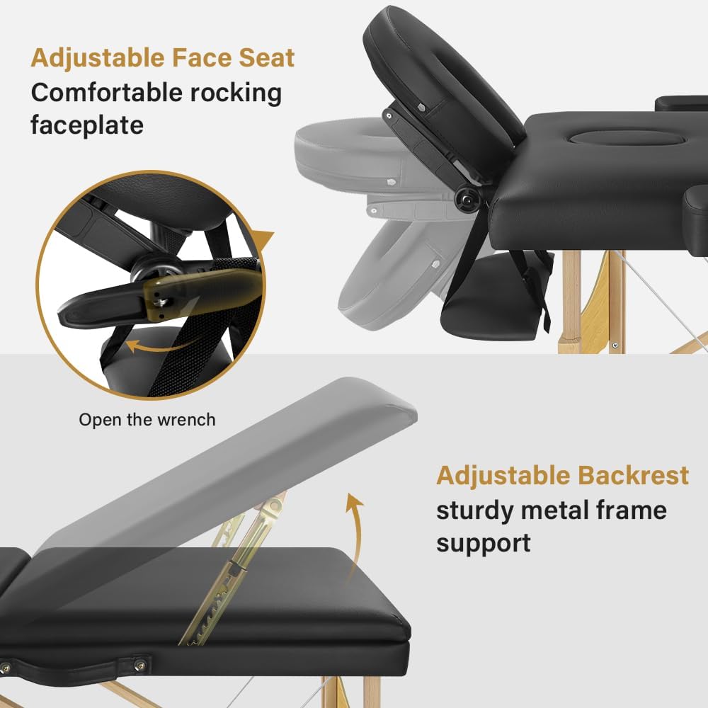 KKTONER Portable Massage Table 3 Fold Folding Bed with Carry Case, Height Adjustable, Black I184534