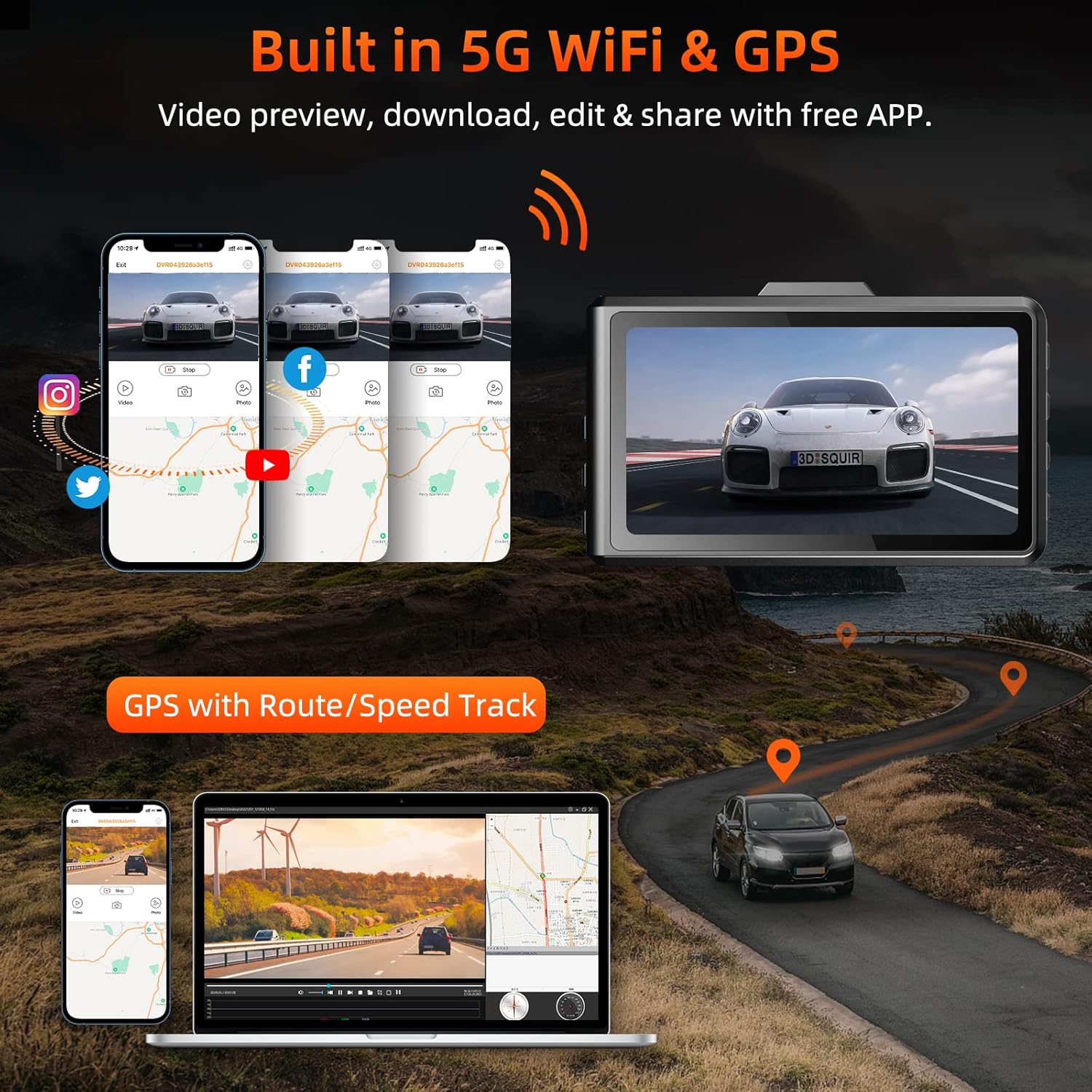 SPADE Dash Cam Front and Rear, 4K+1080P WiFi GPS with 64G SD Card H8852