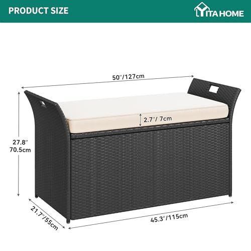 YITAHOME 90 Gallon Outdoor Wicker Storage Bench with Cushion, Black & Beige K940826