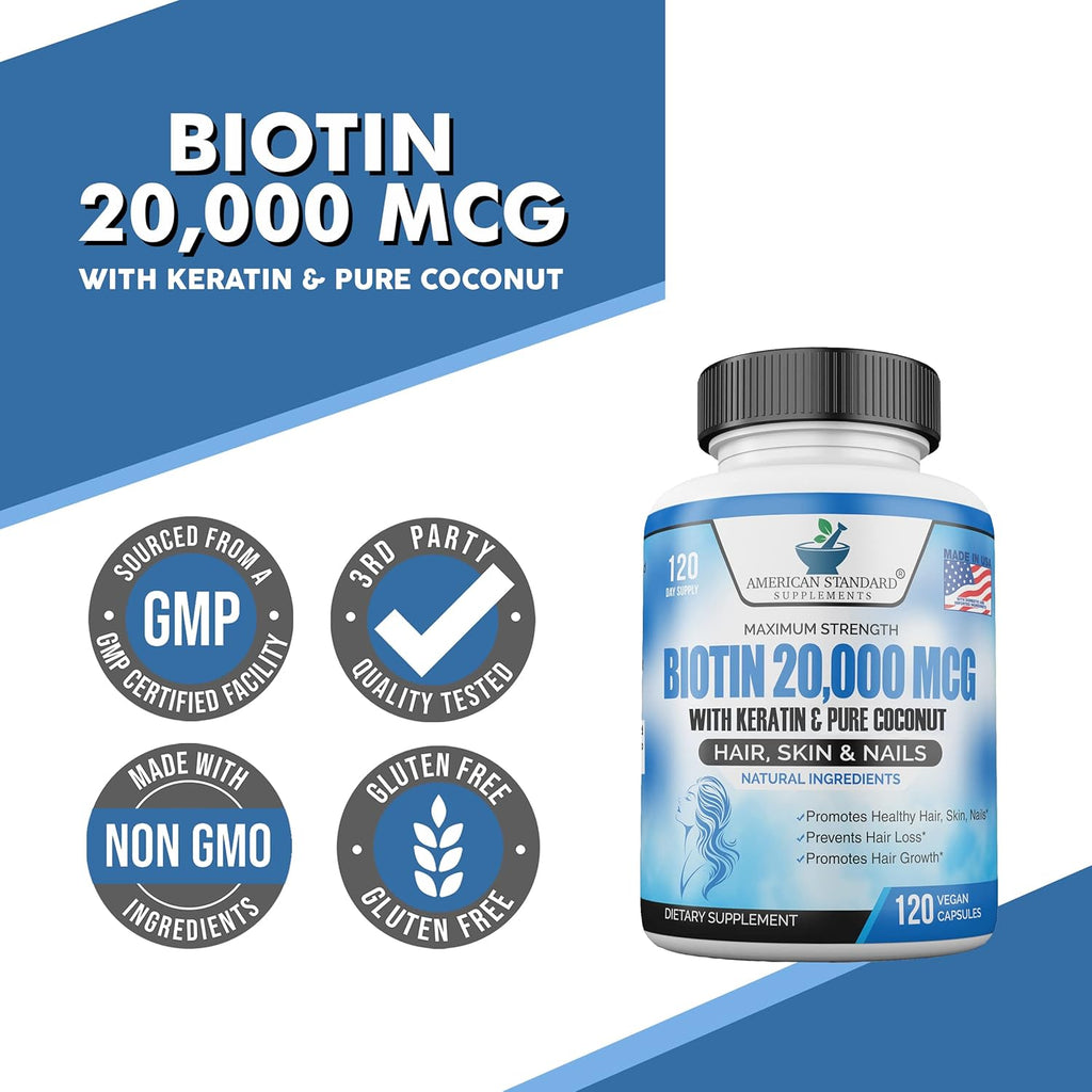Biotin 20,000mcg with Keratin, Coconut & Zinc, Hair Growth Supplements, 120 Vegan Capsules Y995559