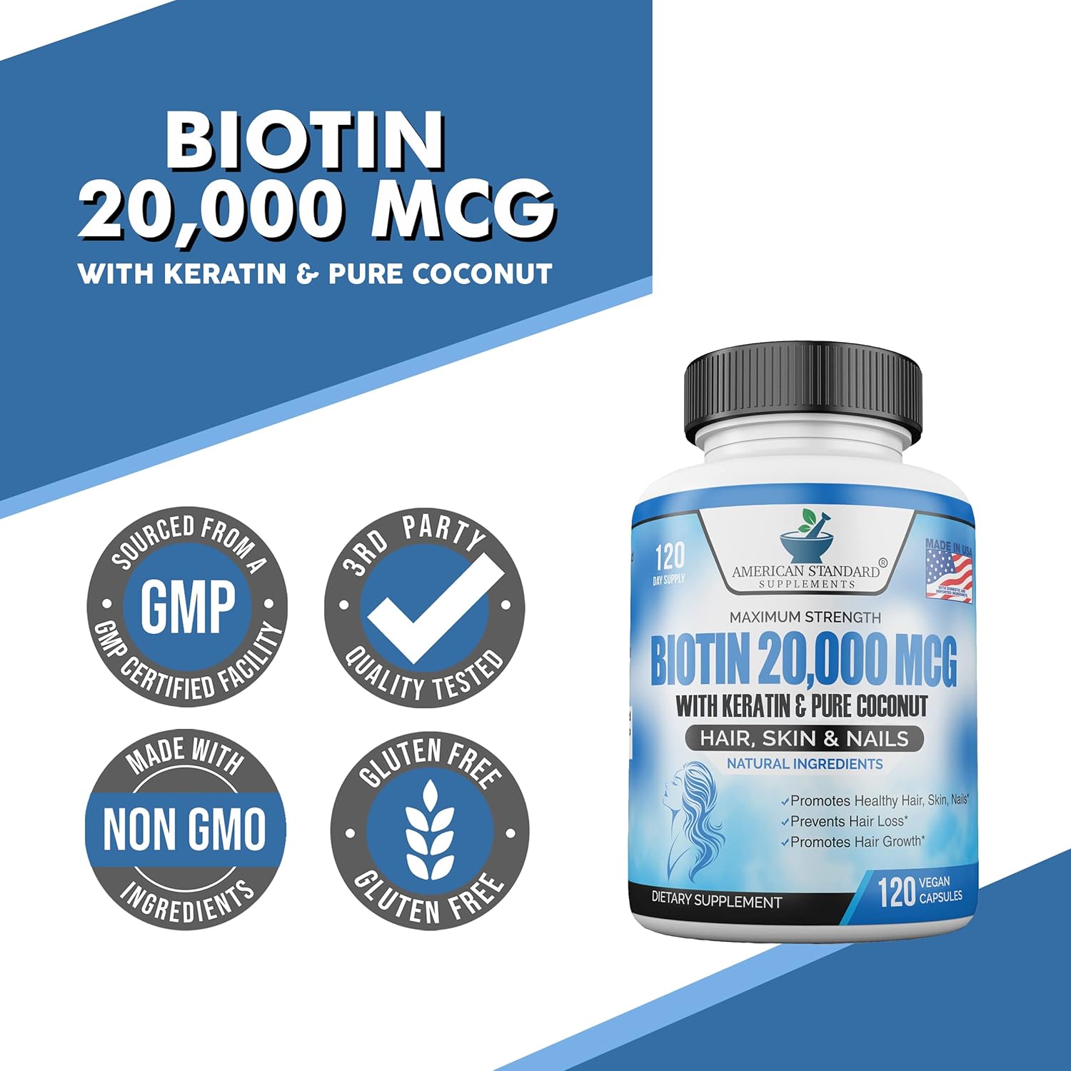 Biotin 20,000mcg with Keratin, Coconut & Zinc, Hair Growth Supplements, 120 Vegan Capsules Y995559