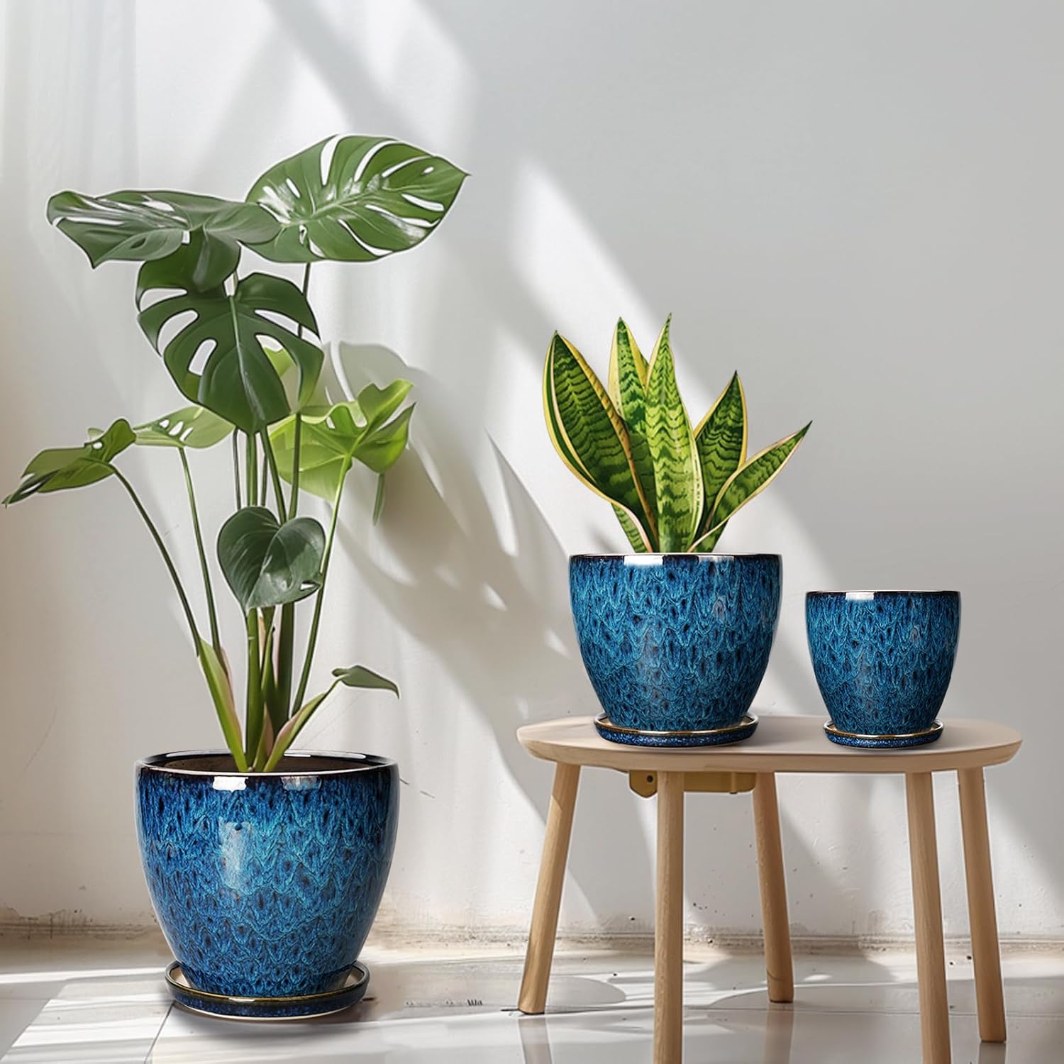 Ceramic Plant Pots with Drainage Holes and Saucers, Set of 3, Blue C79869