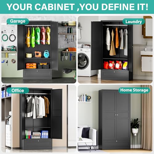 Metal Wardrobe Cabinet with Doors, Adjustable Shelves and Hanging Rod, 72" M706077