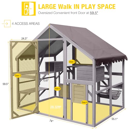 Aivituvin Cat House Outdoor Catio with Large Door, Wooden Cat Cage Indoor Playpen, 70 Inch I919236