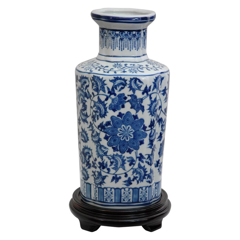 Oriental Furniture 12" Floral Blue & White Porcelain Vase, living room