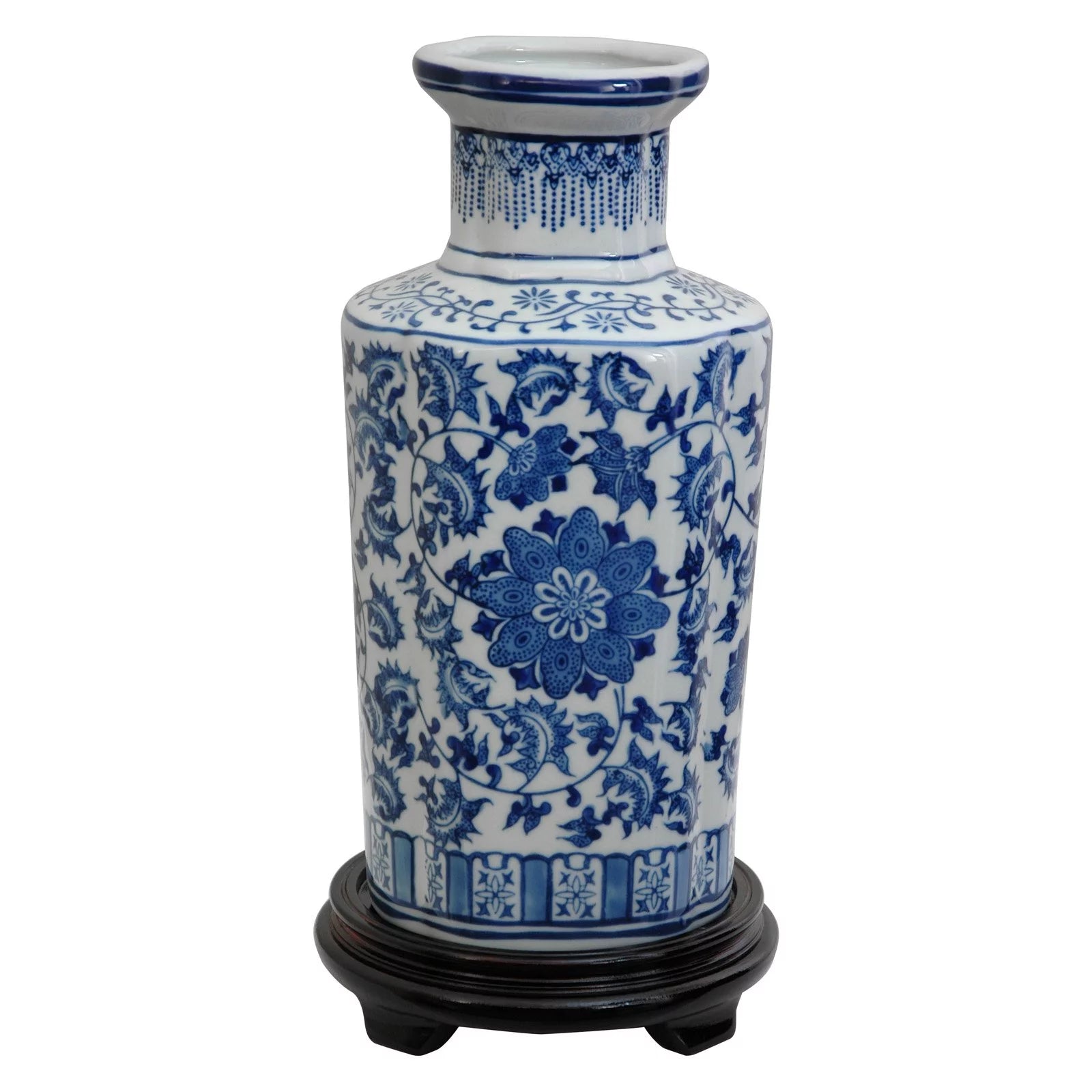 Oriental Furniture 12" Floral Blue & White Porcelain Vase, living room