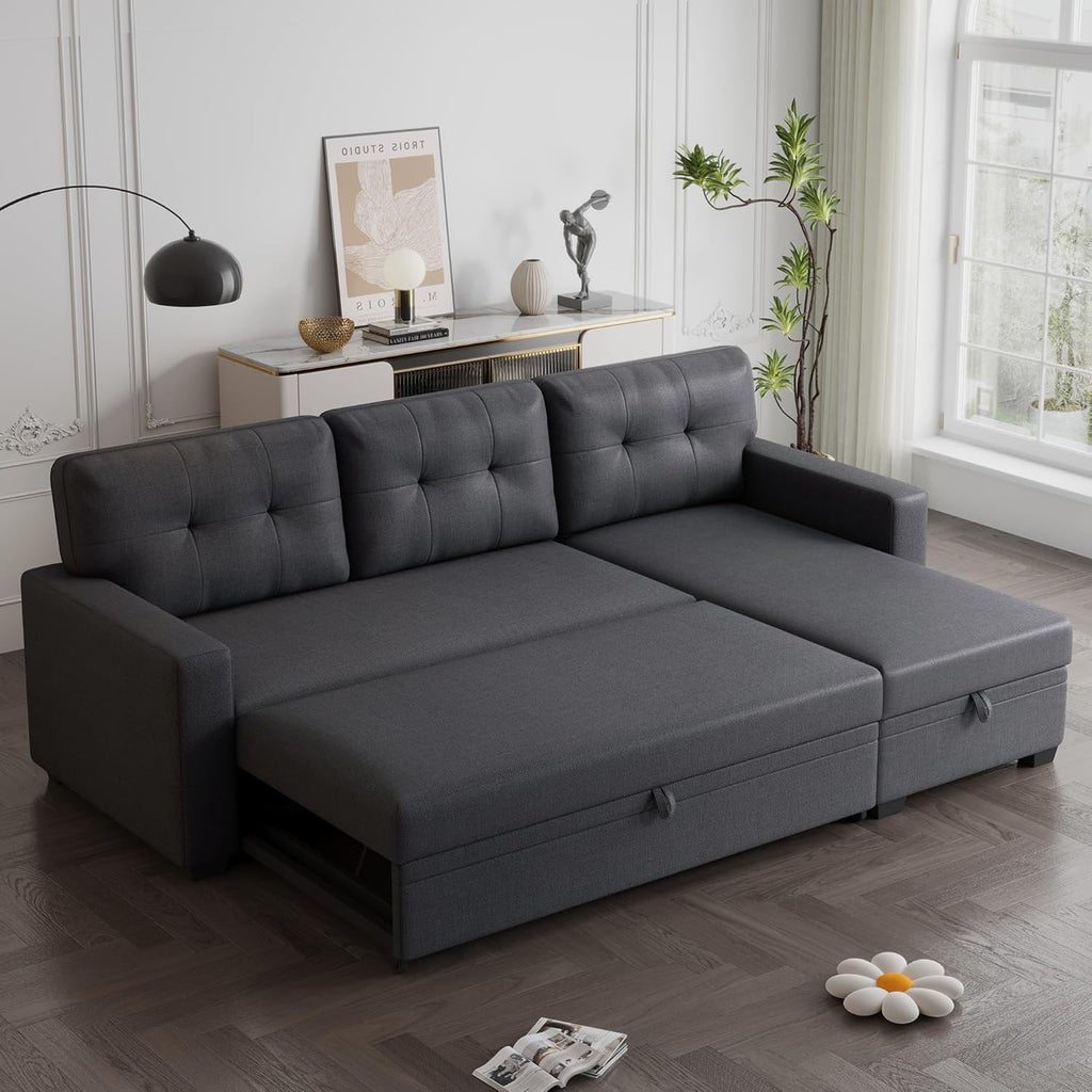 82" Upholstered Pull Out Sofa Bed with Storage Chaise, Dark Gray E40641