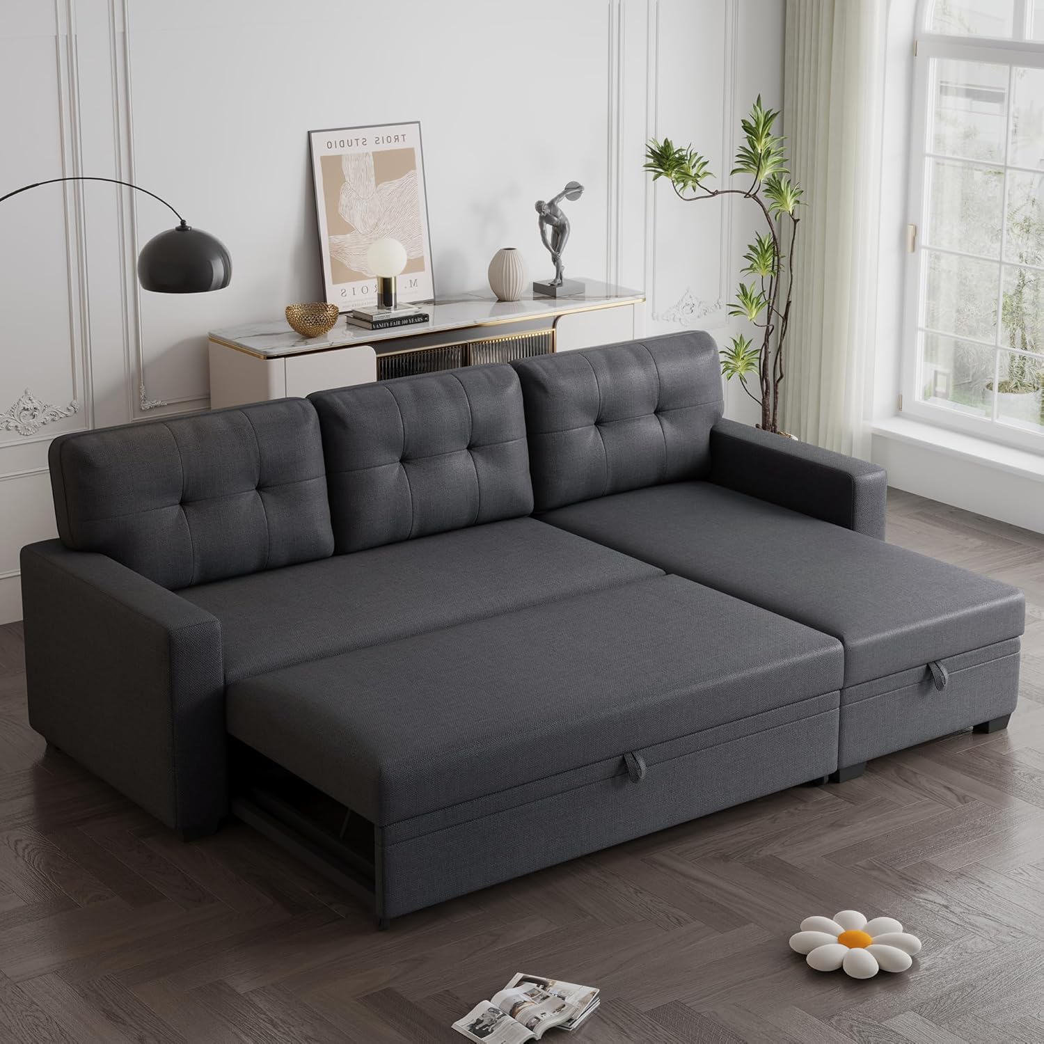 82" Upholstered Pull Out Sofa Bed with Storage Chaise, Dark Gray E40641
