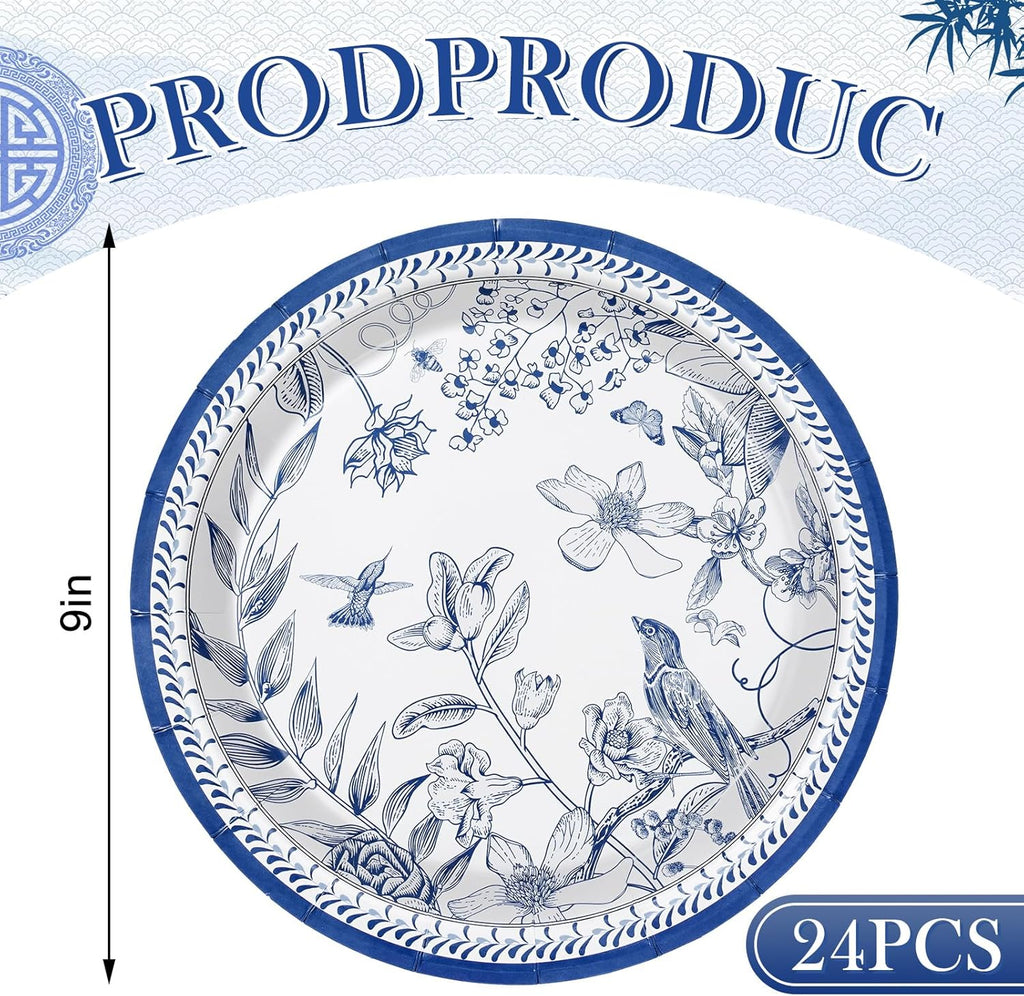 AnyDesign 24Pcs Blue White Paper Plates 9 Inch Vintage Floral Disposable Dinner Plates X3041