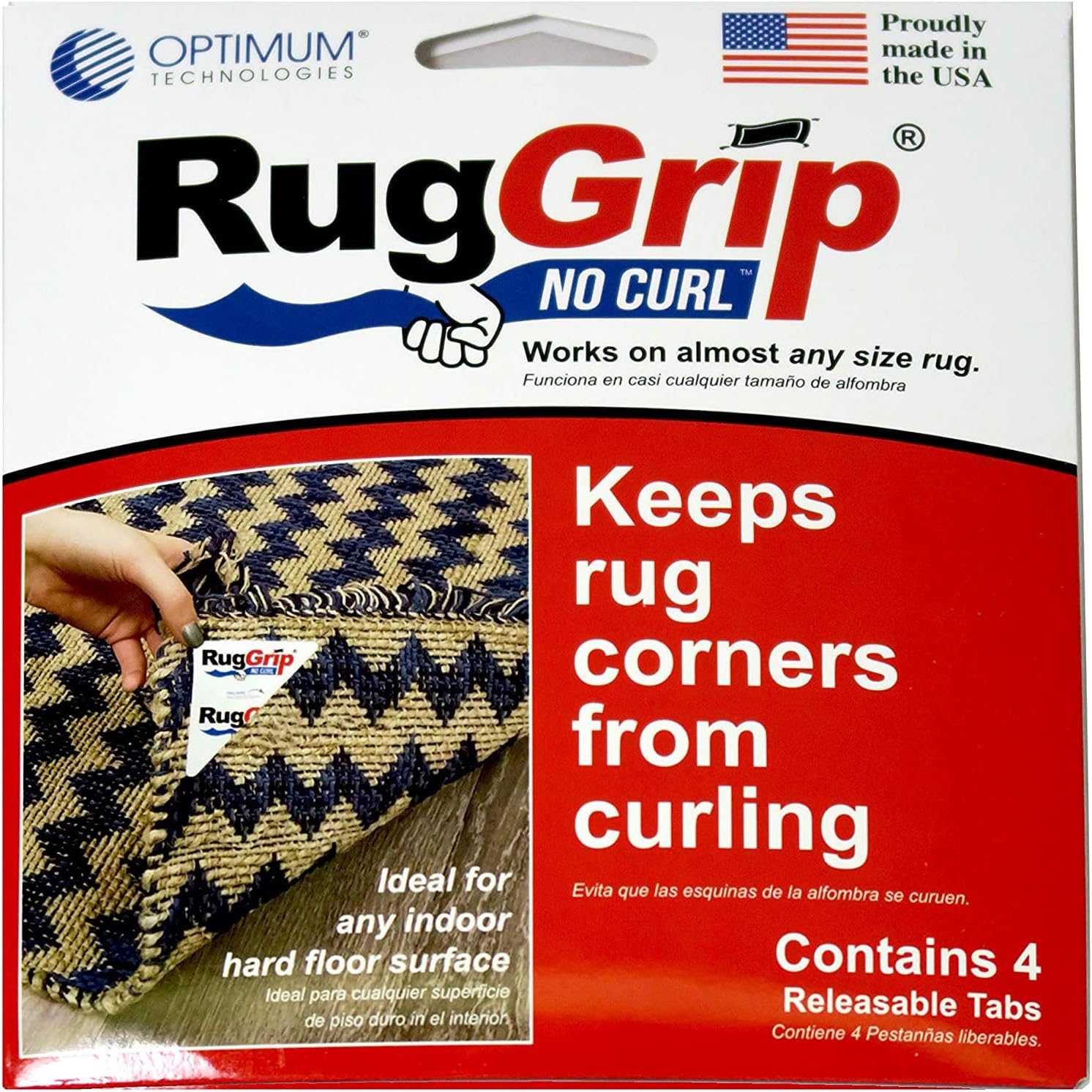 Rug Grip No Curl - Anti-Curling Rug Grip Corner Tabs for Area Rugs and Runners, 4 pieces, Slip Resistant Triangular Tabs, Works on All Hard Floor Types