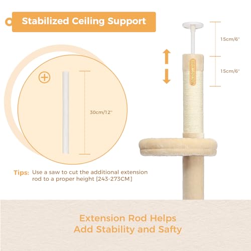 PETEPELA Cat Tower 5-Tier Adjustable Floor to Ceiling Cat Tree Grey G6821