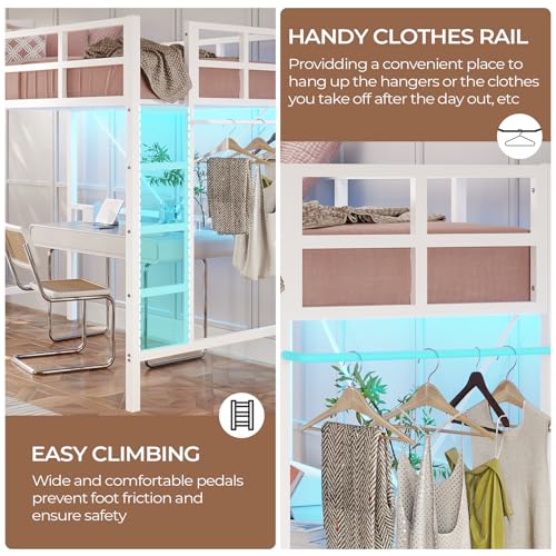 DICTAC Twin Loft Bed with Ladder and Guardrail, LED Lights, White B3802