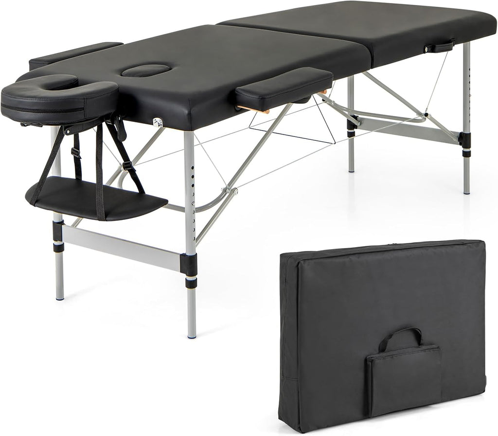 Giantex Massage Table, Portable Massage Bed with Carrying Bag, 2 Fold Salon Spa Tattoo Bed, Height Adjustable, Sturdy Aluminum Frame, Professional Massage Lash Bed Esthetician Bed, Black