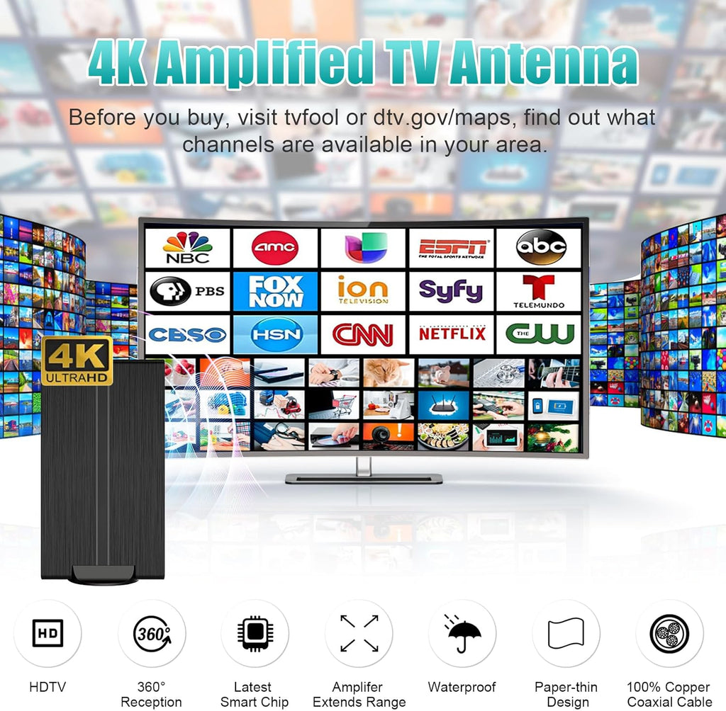 Amplified Digital TV Antenna 500+ Miles Range for 4K 1080p TVs U366605