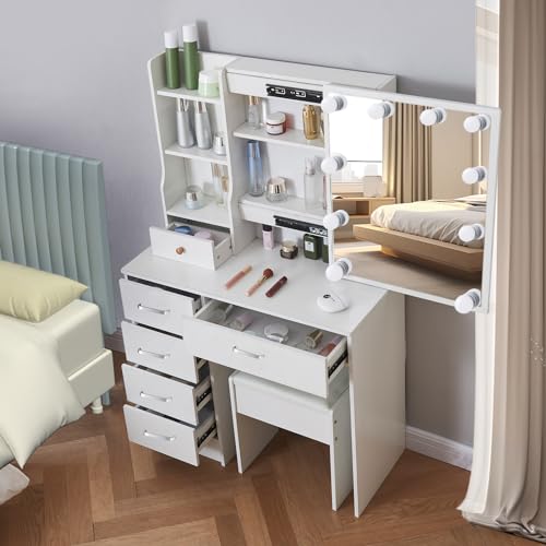 White Makeup Vanity Desk with Lighted Mirror and Drawers Z373651