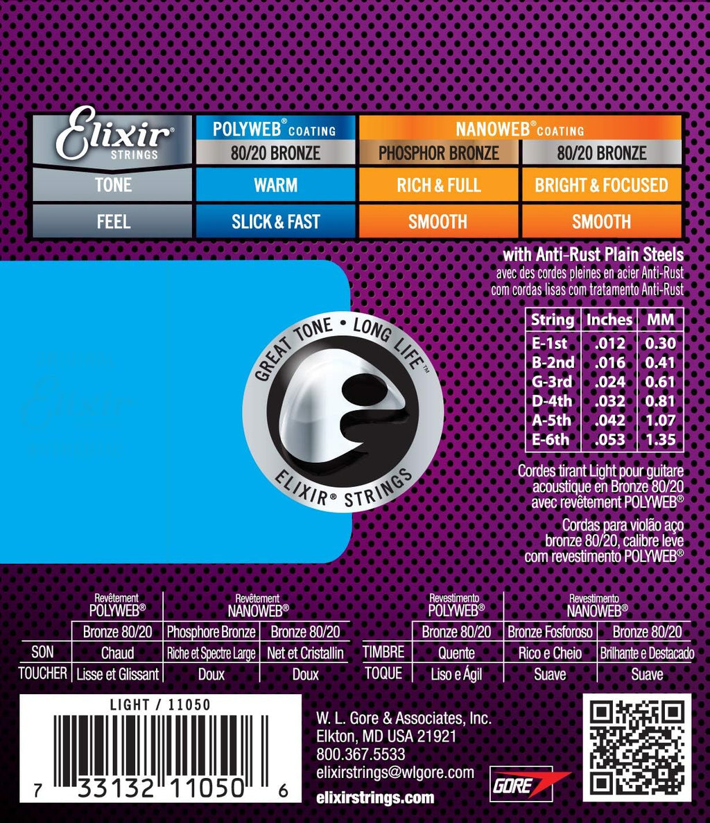 Elixir Strings Acoustic Guitar Strings 80/20 Bronze POLYWEB Coating Light 12-53 G494
