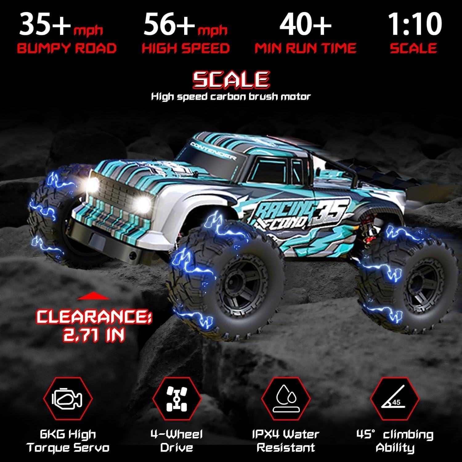 Remote Control Car 4x4 Off Road Truck 35MPH 1:10 Scale with Headlights 2 Batteries M83747
